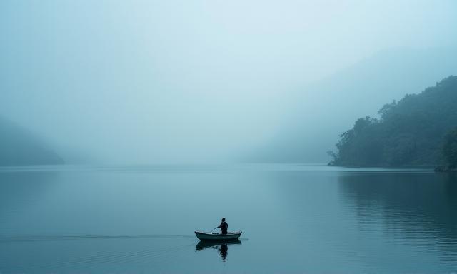 Un pescatore solitario sul lago di Bracciano al tramonto