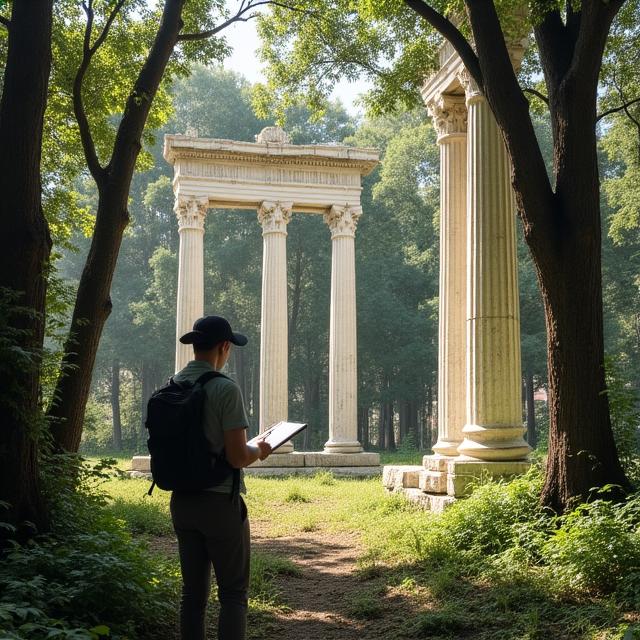 Studio di un tempio classico circondato dalla foresta