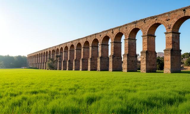 Resti di un maestoso acquedotto romano che attraversa una valle verdeggiante